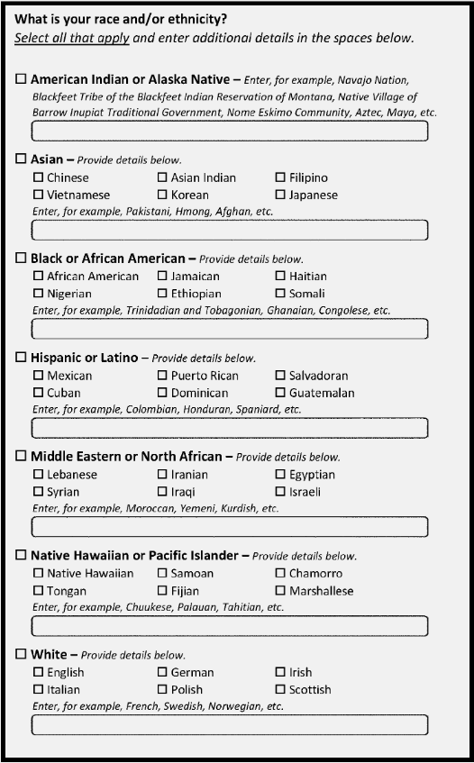 Figure 1. Race and Ethnicity Question with Minimum Categories, Multiple Detailed Checkboxes, and Write-In Response Areas with Example Groups.