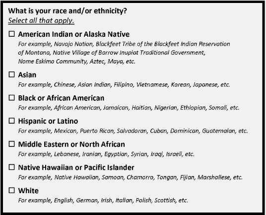 Figure 2. Race and Ethnicity Question with Minimum Categories Only and Examples.