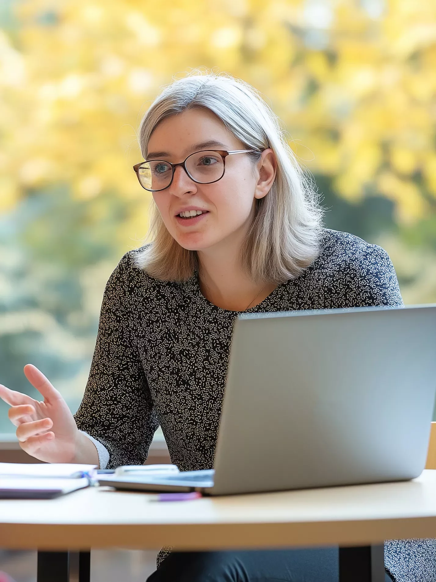 Woman at laptop speaking with another woman