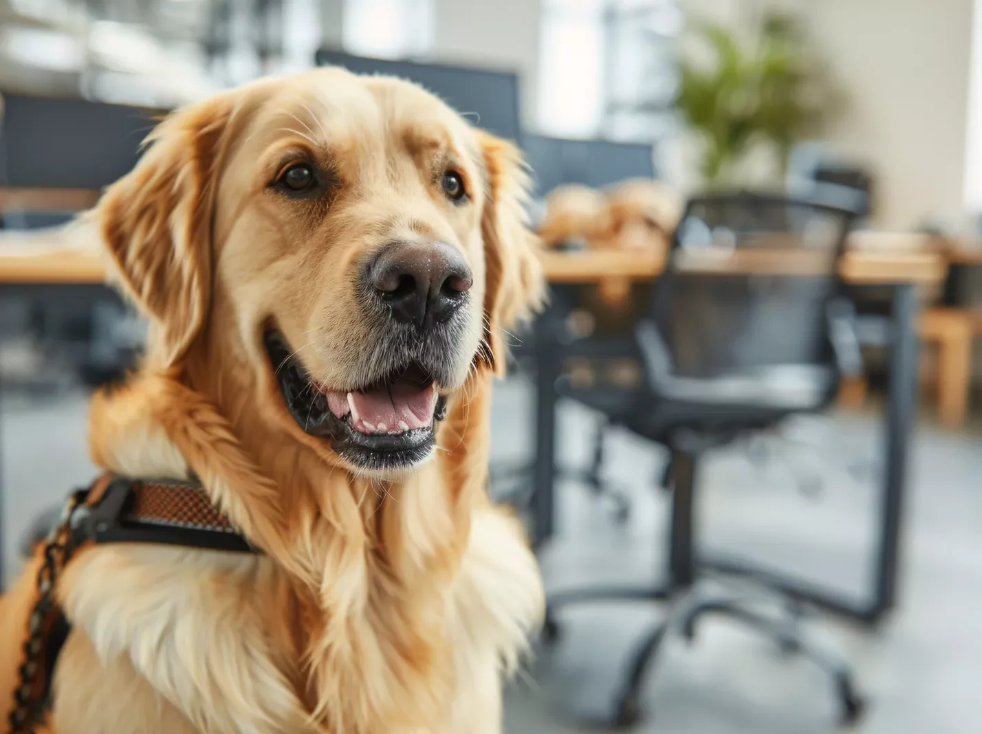 Assistance dog in a harness sitting in an office space