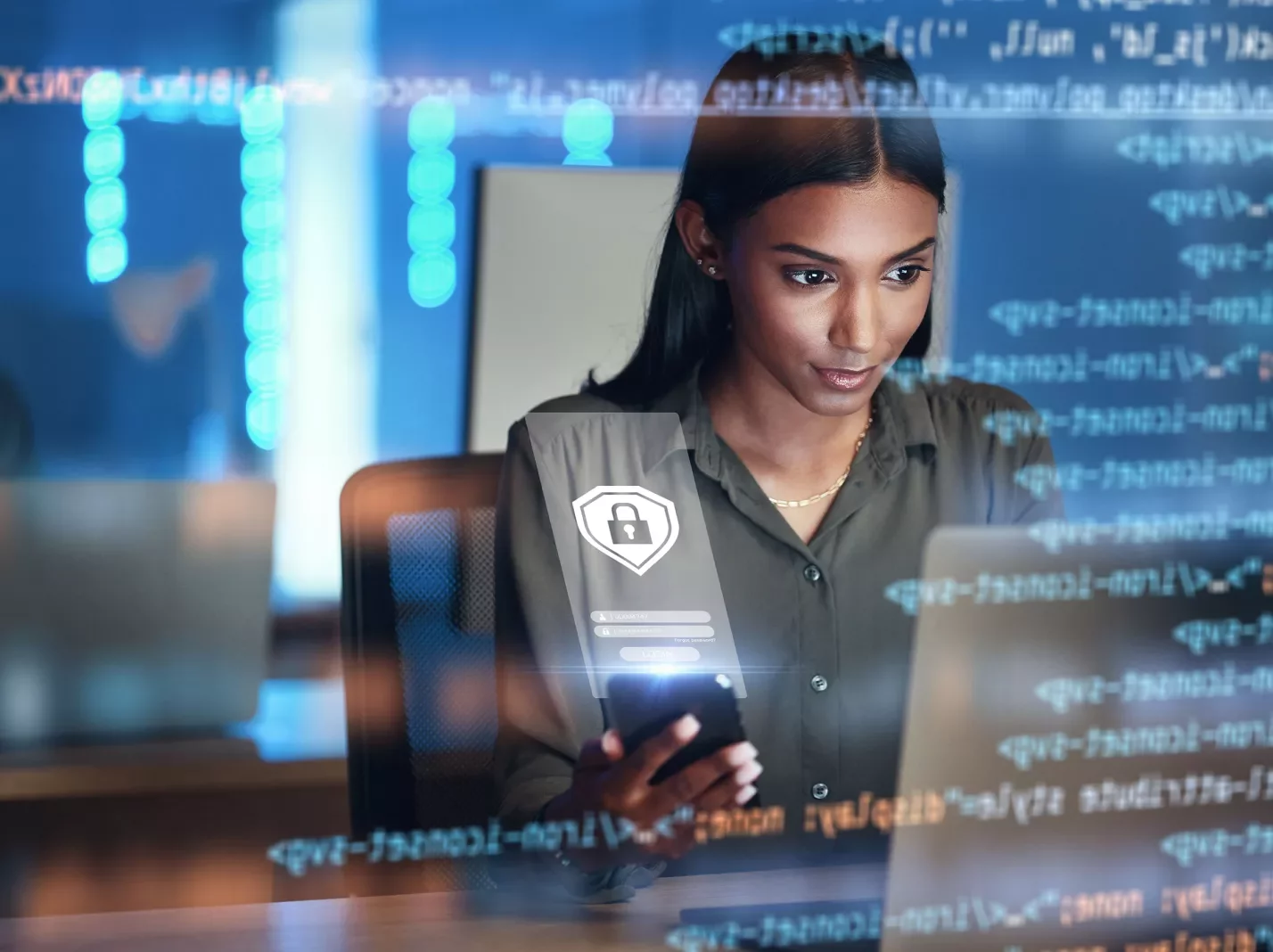 Woman facing a digital display screen with a lock icon indicating data privacy