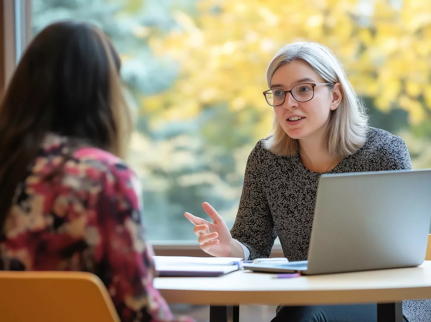 Woman at laptop speaking with another woman