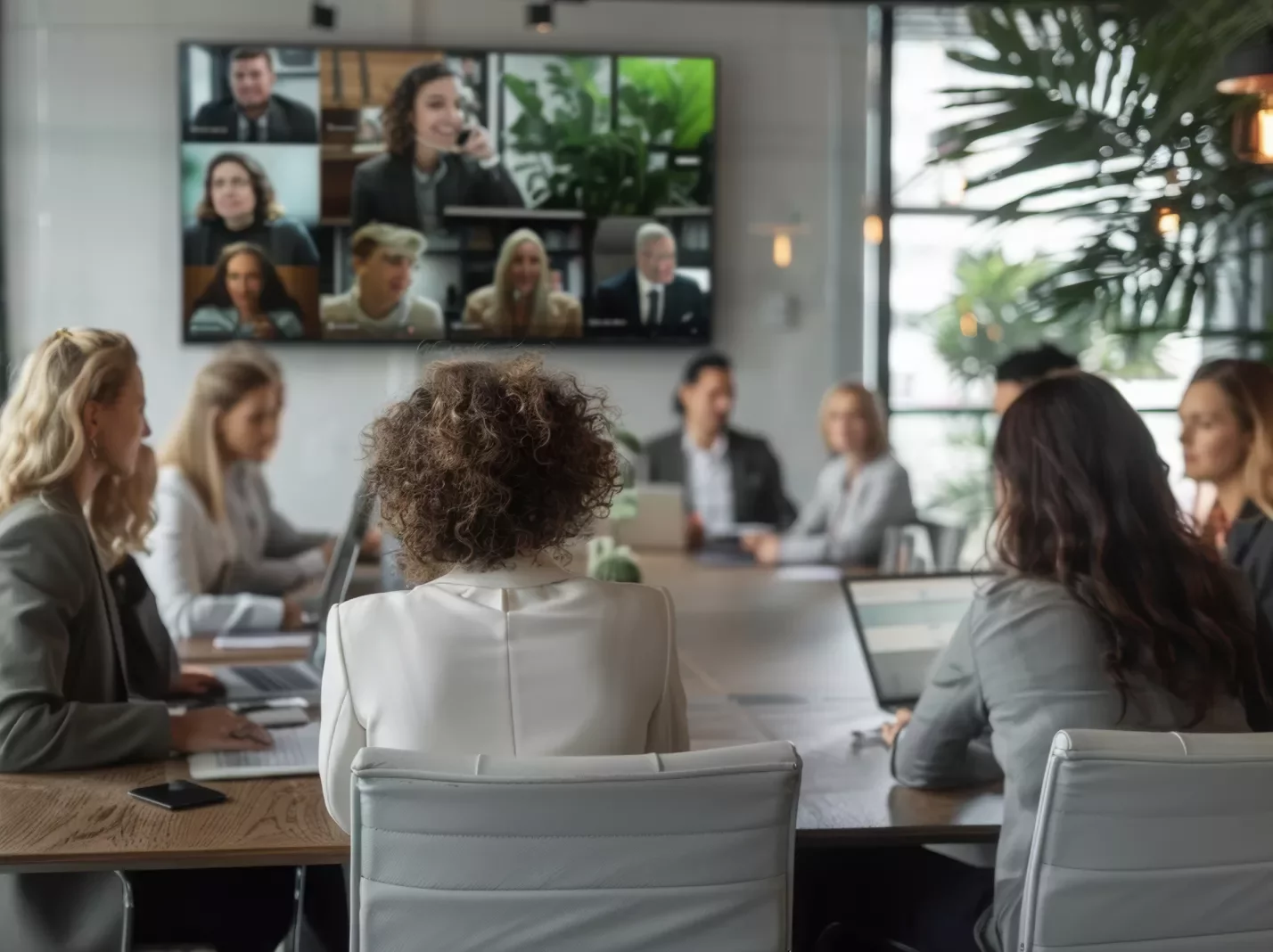 People around a conference table with more meeting attendees on a video screen