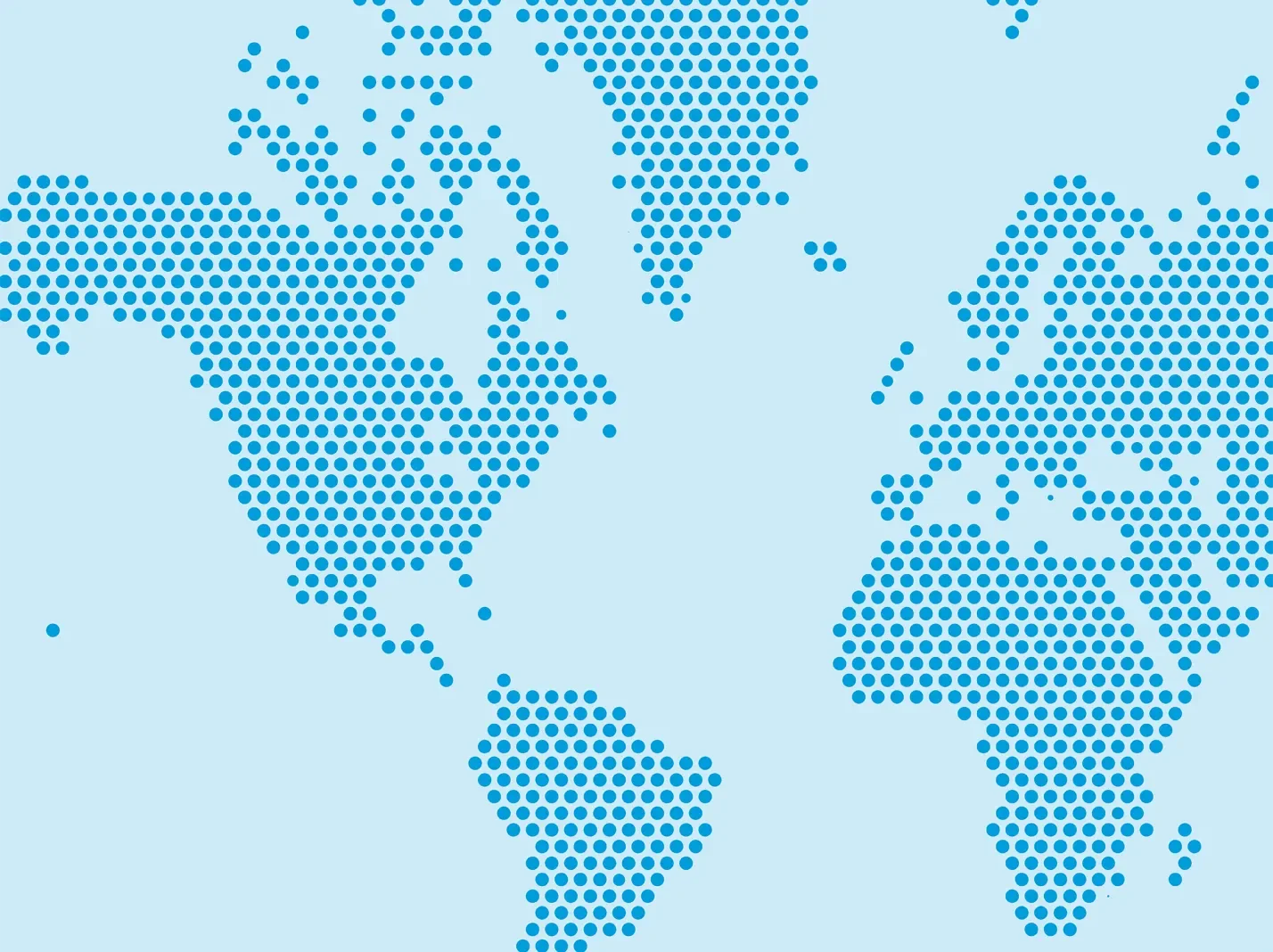 A pattern of blue dots depicts the shape of continents on a light blue background