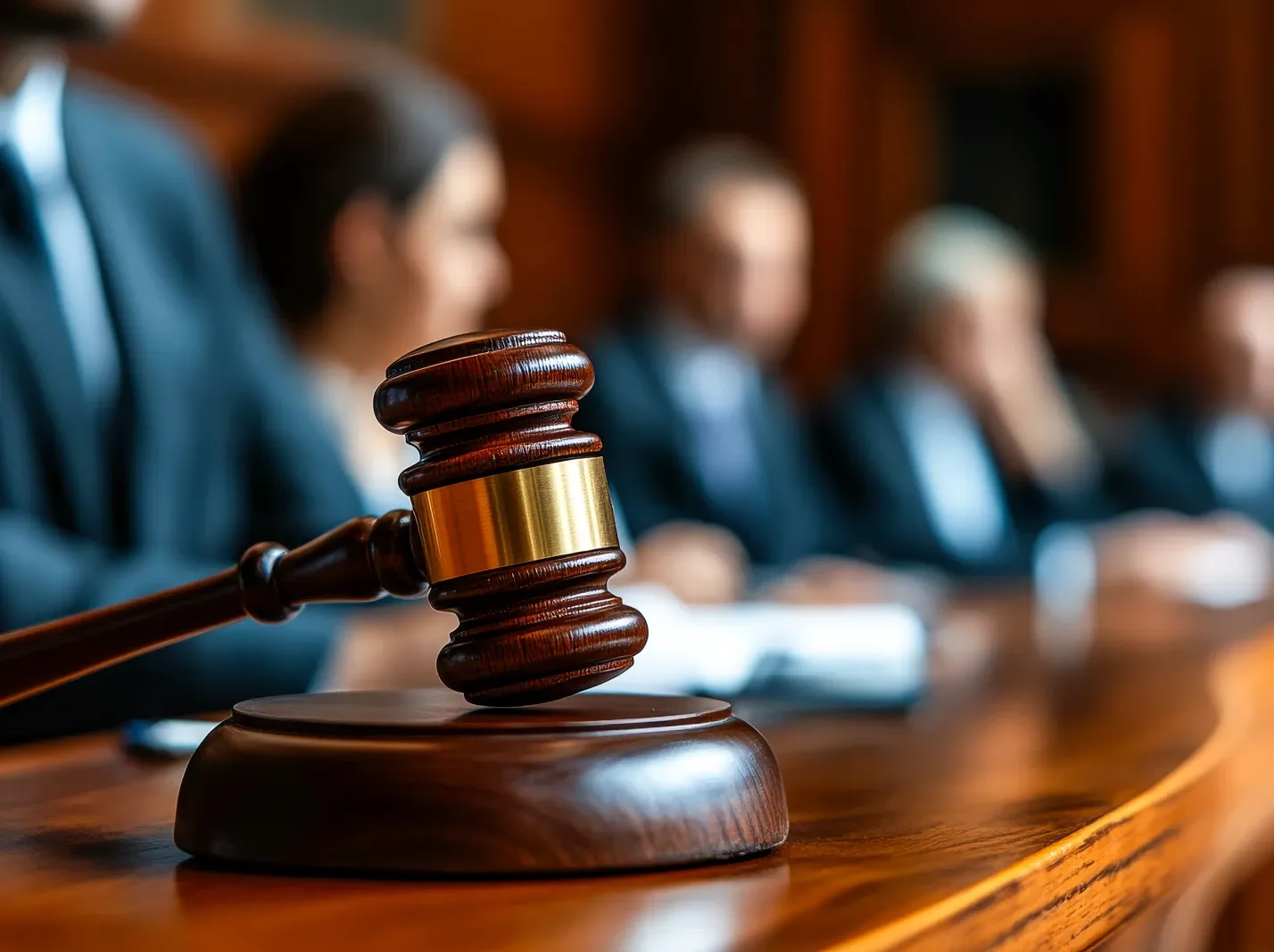 A gavel in a courtroom with people blurred in the background