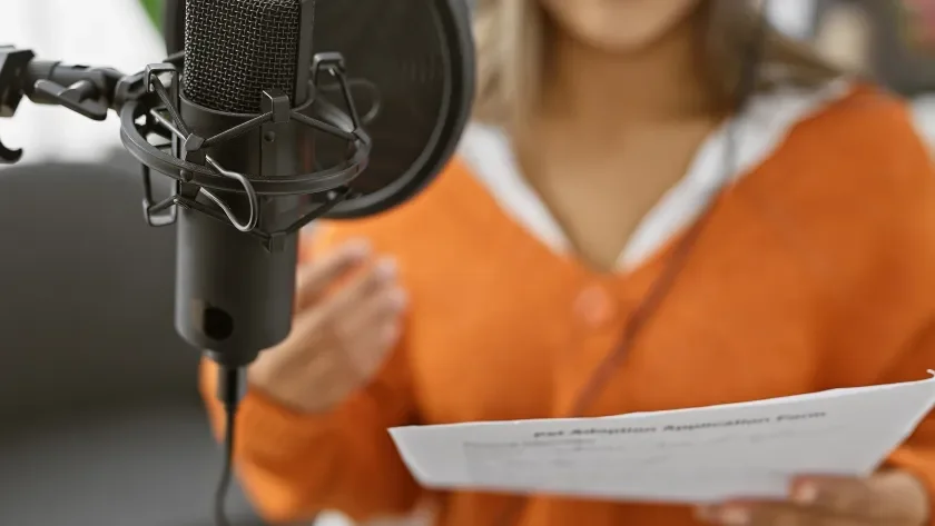 Woman in an orange shirt speaking into a microphone