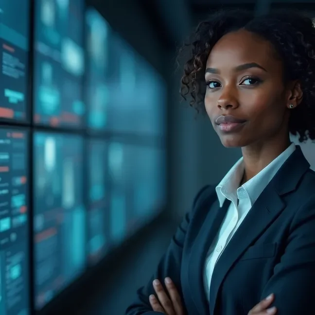 woman in a suit standing with crossed arms facing digital display screens
