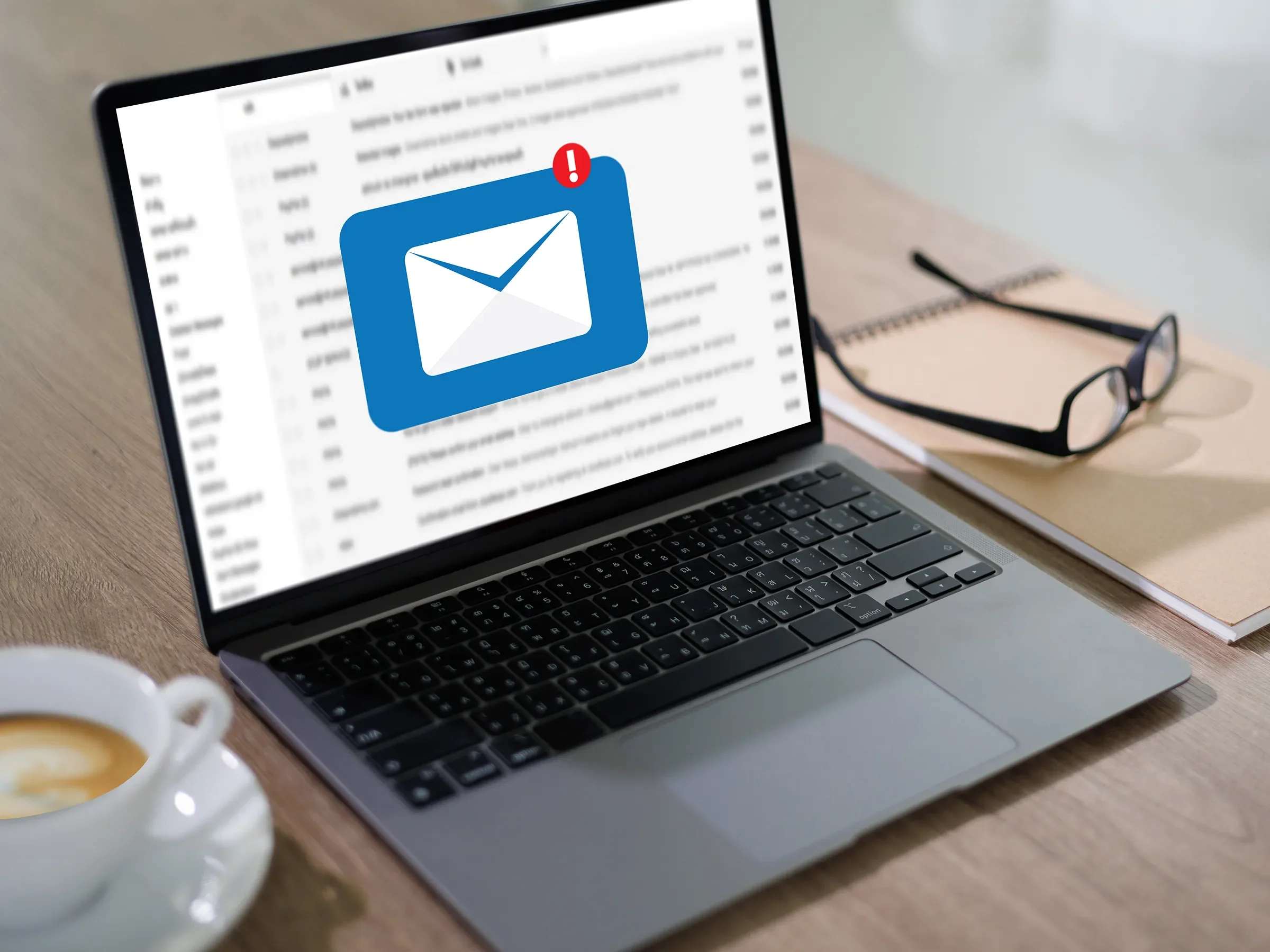 An open laptop with email on the screen and glasses nearby