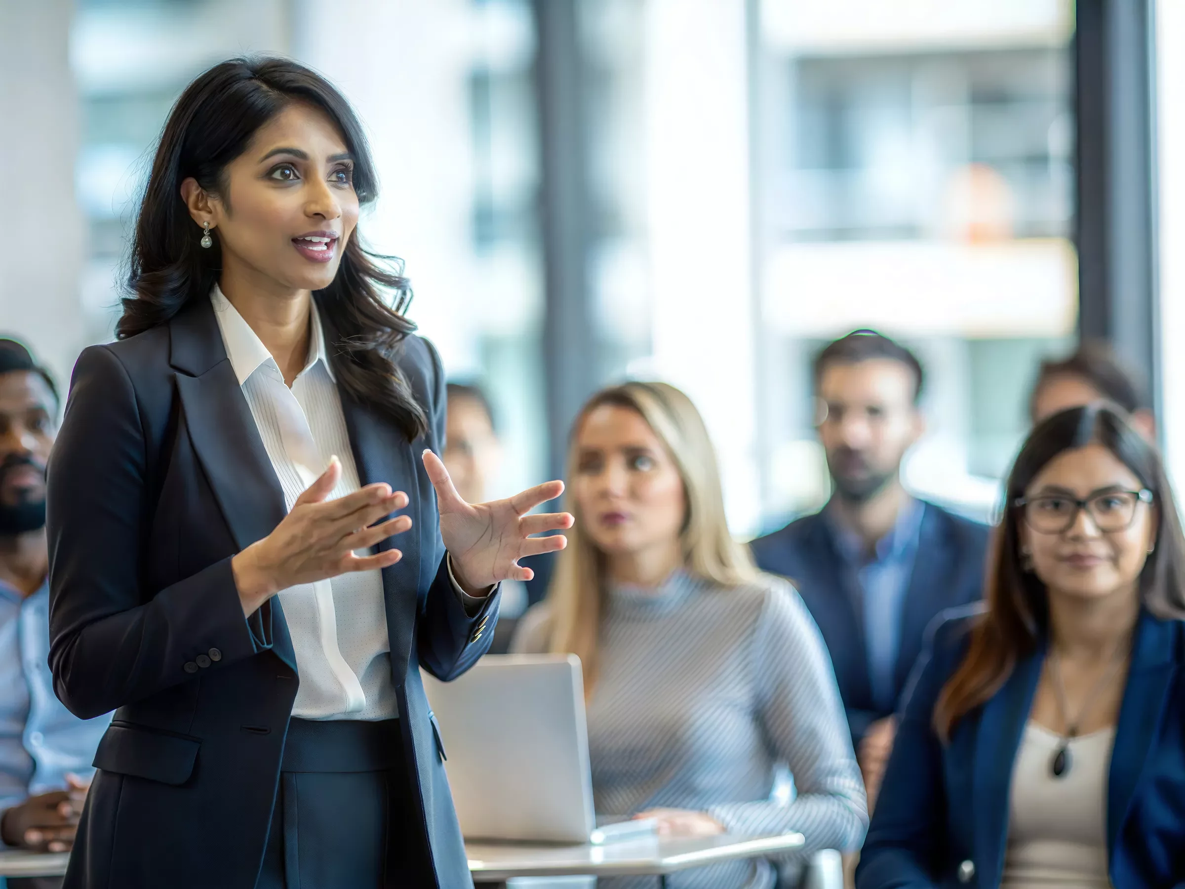 workplace training instructor speaking in a group setting with professionals